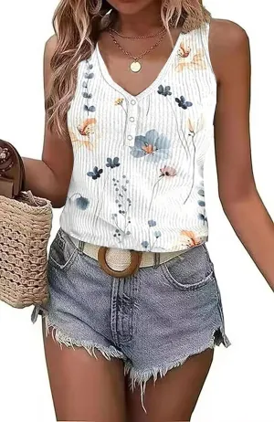 LYEIAO American Flag Ribbed Tank Women 4th of July Patriotic V Neck Button Slim Basic Henley Shirts Sleeveless Tank Top