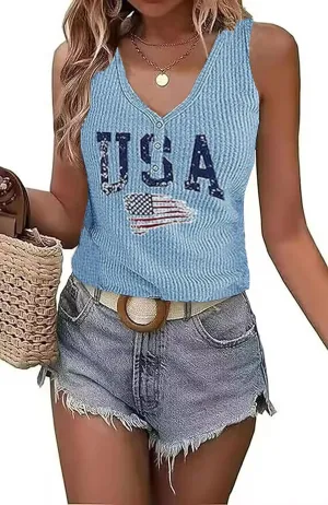 LYEIAO American Flag Ribbed Tank Women 4th of July Patriotic V Neck Button Slim Basic Henley Shirts Sleeveless Tank Top