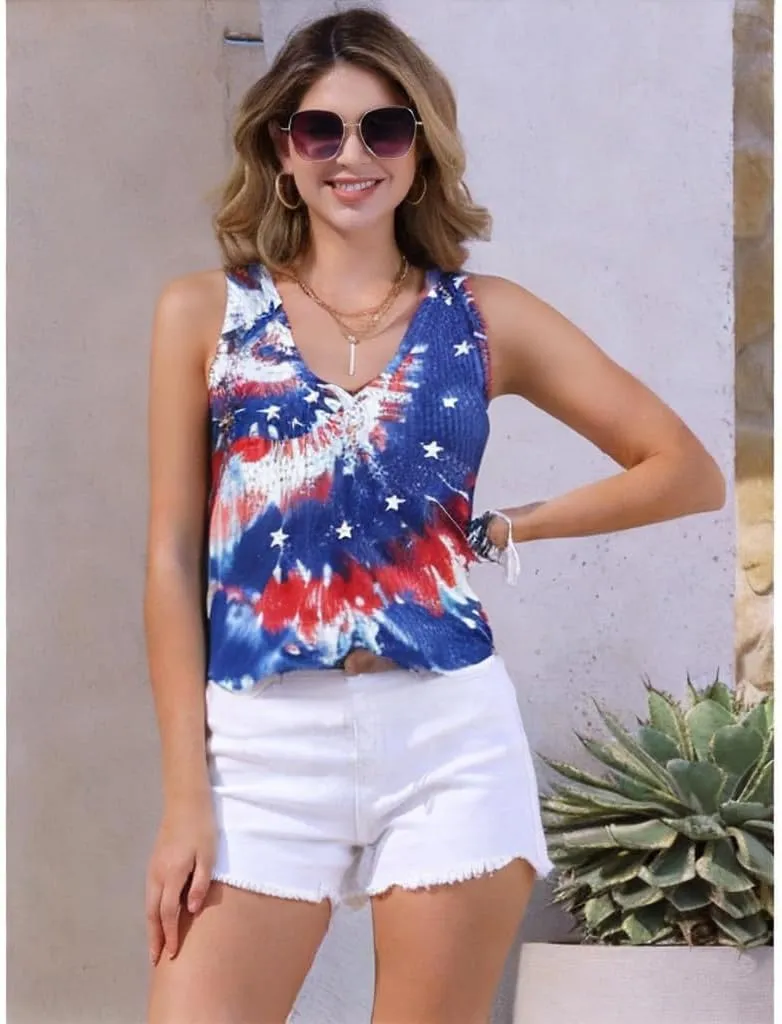 LYEIAO American Flag Ribbed Tank Women 4th of July Patriotic V Neck Button Slim Basic Henley Shirts Sleeveless Tank Top
