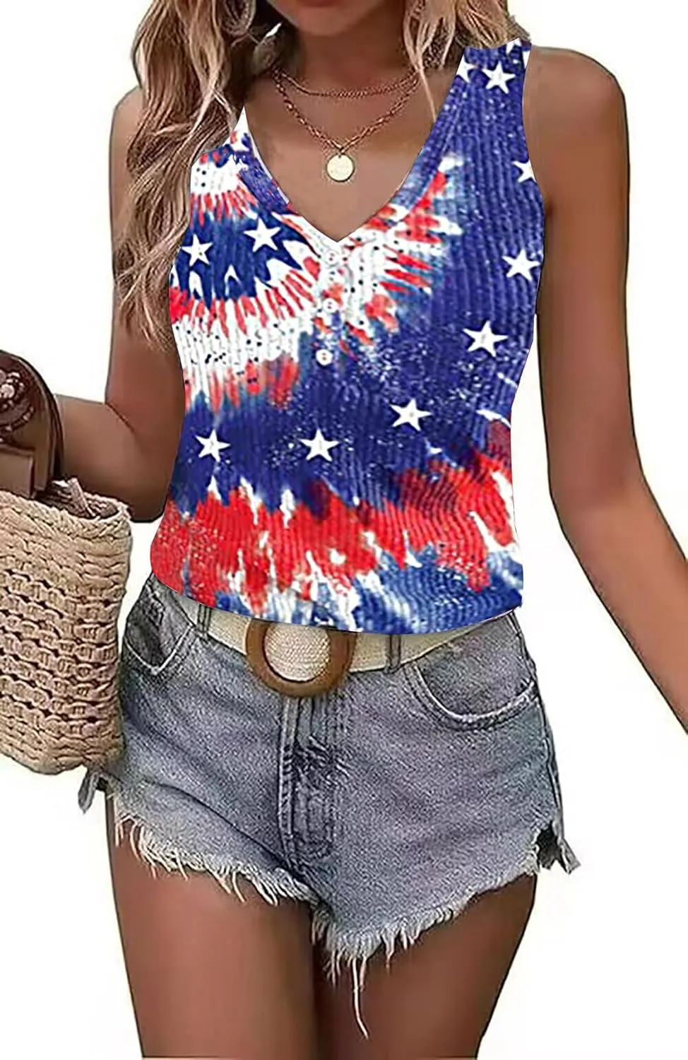 LYEIAO American Flag Ribbed Tank Women 4th of July Patriotic V Neck Button Slim Basic Henley Shirts Sleeveless Tank Top