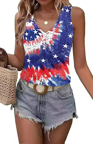 LYEIAO American Flag Ribbed Tank Women 4th of July Patriotic V Neck Button Slim Basic Henley Shirts Sleeveless Tank Top