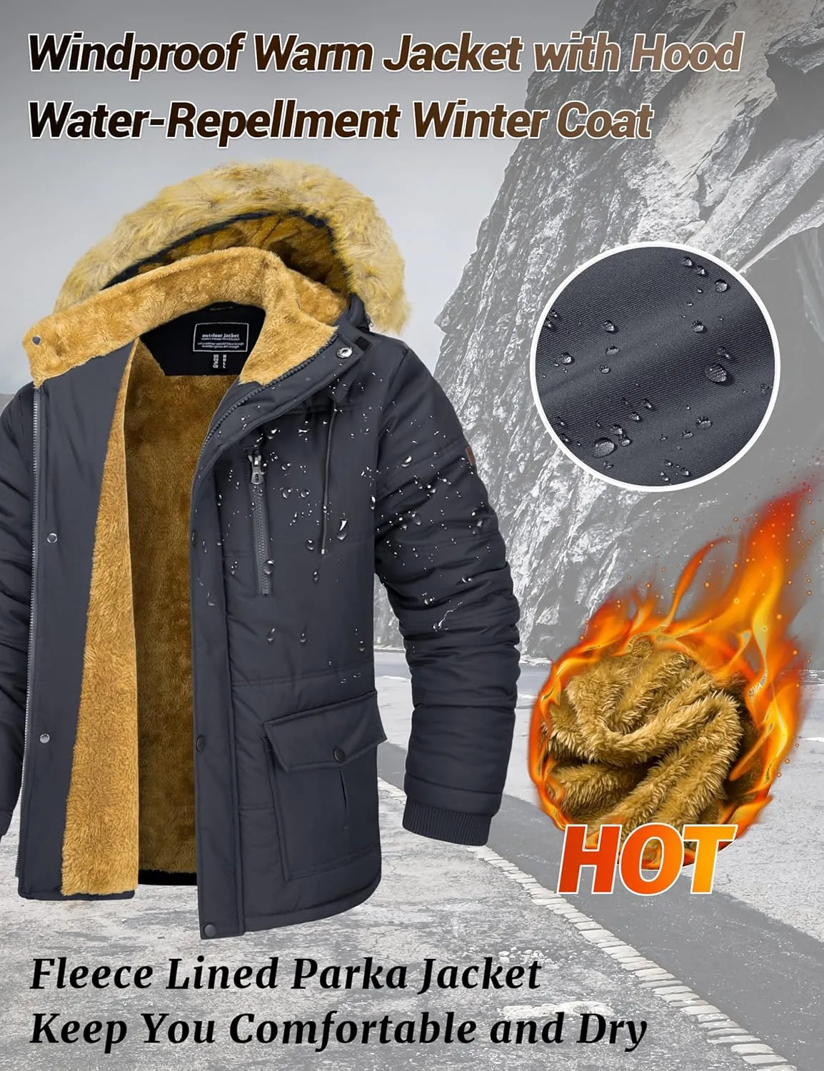 MAGCOMSEN Men's Fleece Lined Parka Jacket Hooded Puffer Jacket Warm Winter Coat Thicken Fur Jackets Windproof Coats