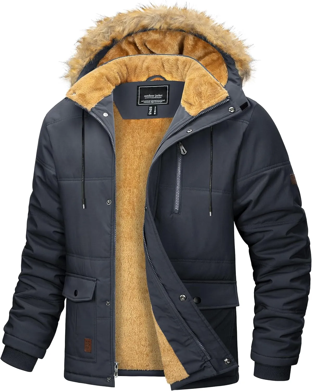 MAGCOMSEN Men's Fleece Lined Parka Jacket Hooded Puffer Jacket Warm Winter Coat Thicken Fur Jackets Windproof Coats