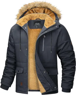MAGCOMSEN Men's Fleece Lined Parka Jacket Hooded Puffer Jacket Warm Winter Coat Thicken Fur Jackets Windproof Coats