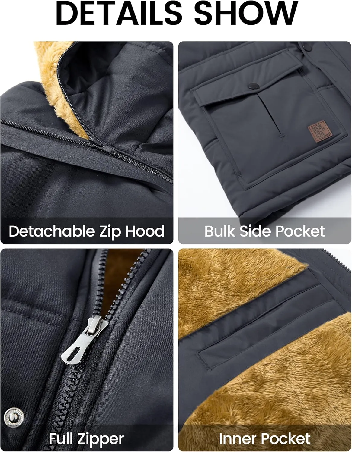 MAGCOMSEN Men's Fleece Lined Parka Jacket Hooded Puffer Jacket Warm Winter Coat Thicken Fur Jackets Windproof Coats