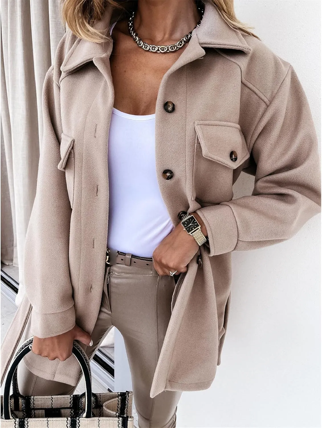 Maiyifu-GJ Women's Casual Trench Coat Wool Blend Coats Jackets Lapel Single Breasted Overcoats Mid Length Outerwear