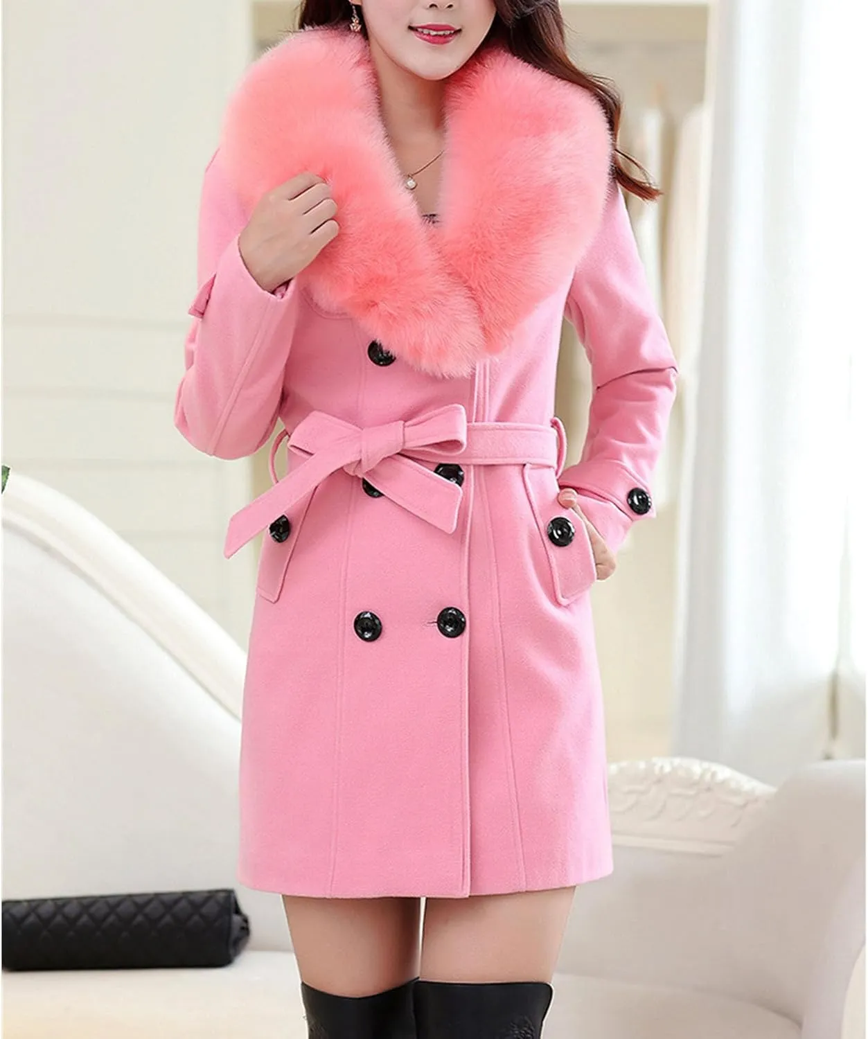Maiyifu-GJ Women's Faux Fur Lapel Double Breasted Wool Trench Coat Winter Warm Mid-length Coat Jacket Overcoat with Belt