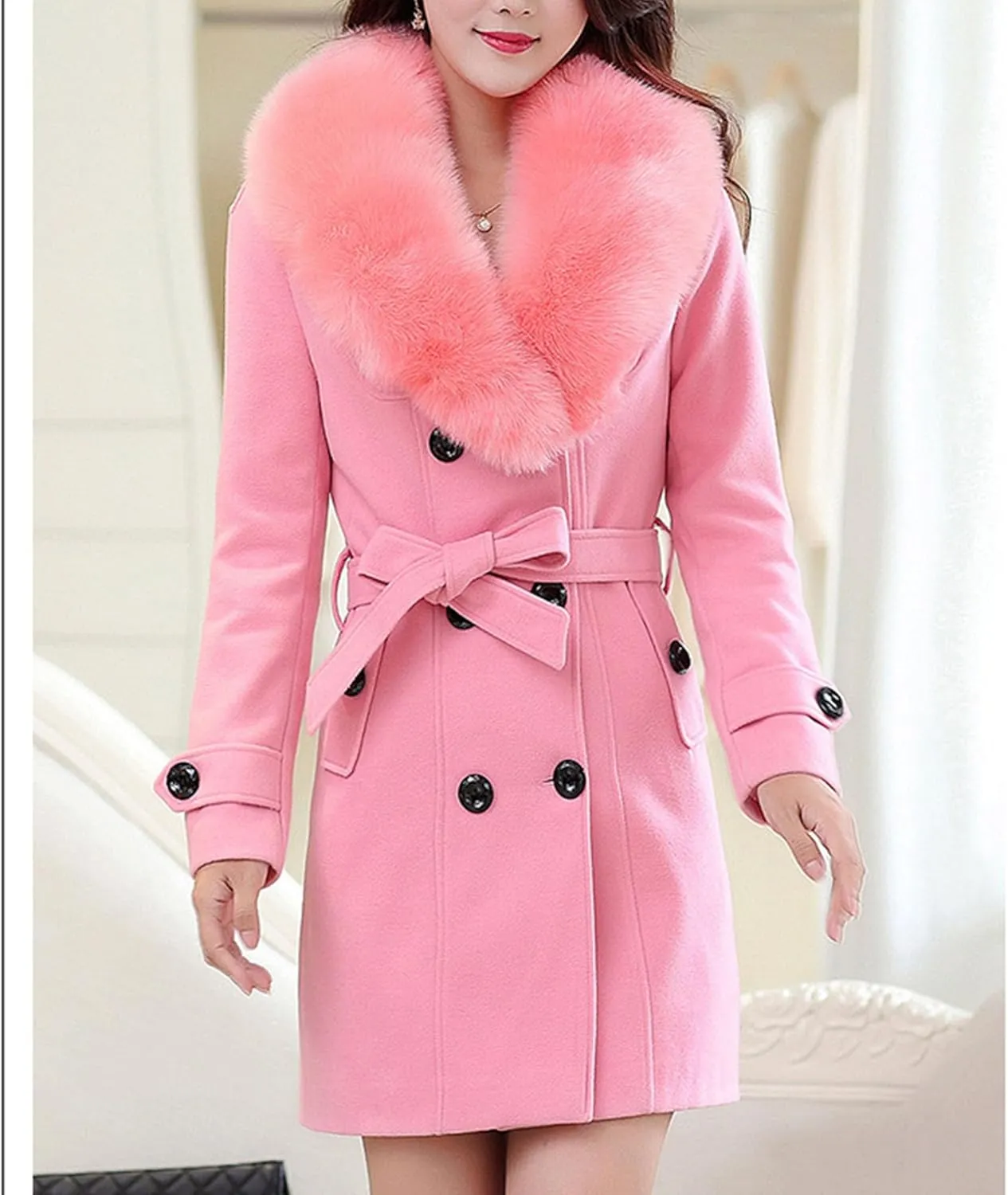 Maiyifu-GJ Women's Faux Fur Lapel Double Breasted Wool Trench Coat Winter Warm Mid-length Coat Jacket Overcoat with Belt