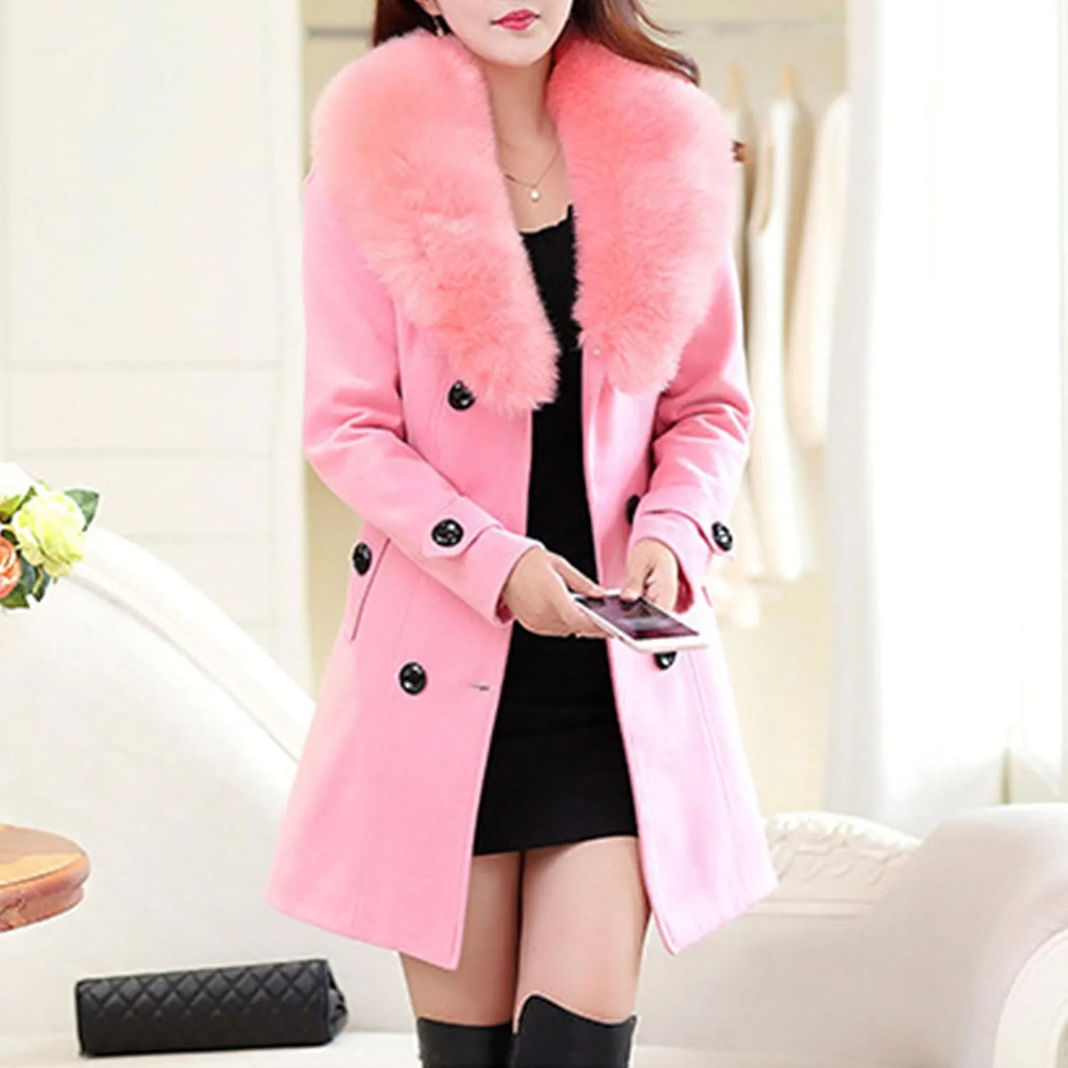 Maiyifu-GJ Women's Faux Fur Lapel Double Breasted Wool Trench Coat Winter Warm Mid-length Coat Jacket Overcoat with Belt
