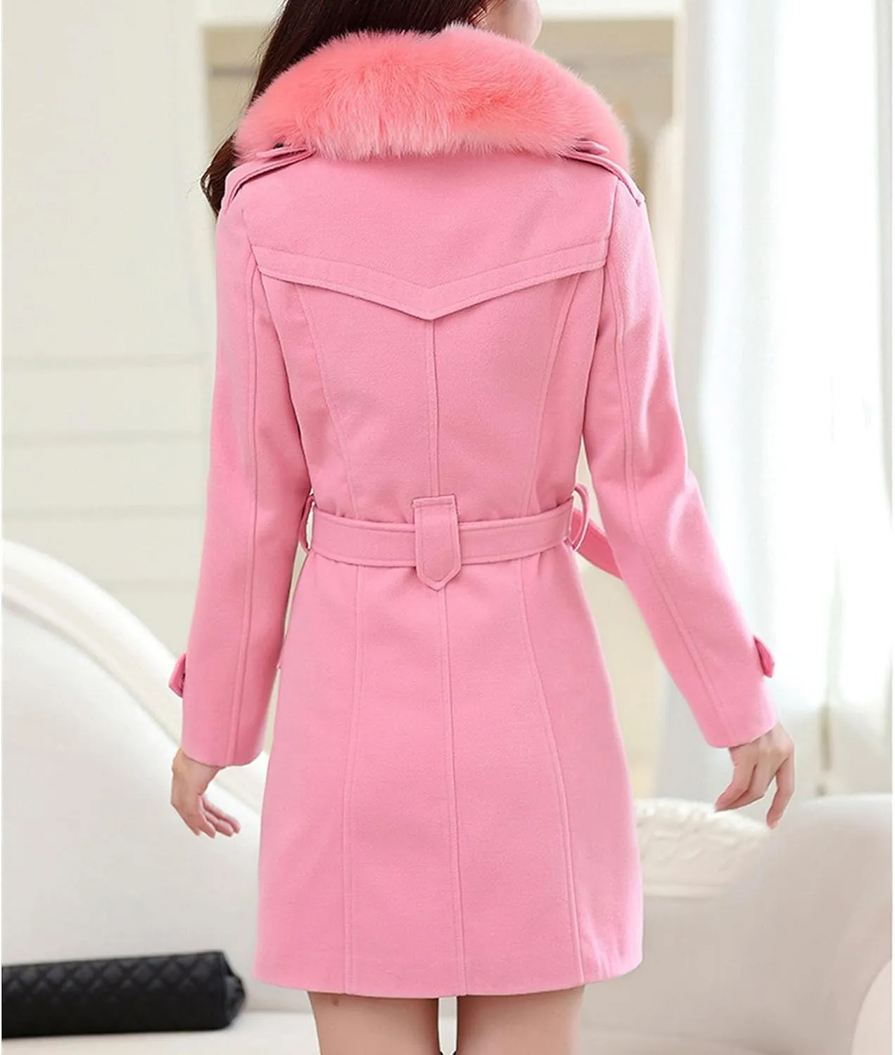 Maiyifu-GJ Women's Faux Fur Lapel Double Breasted Wool Trench Coat Winter Warm Mid-length Coat Jacket Overcoat with Belt