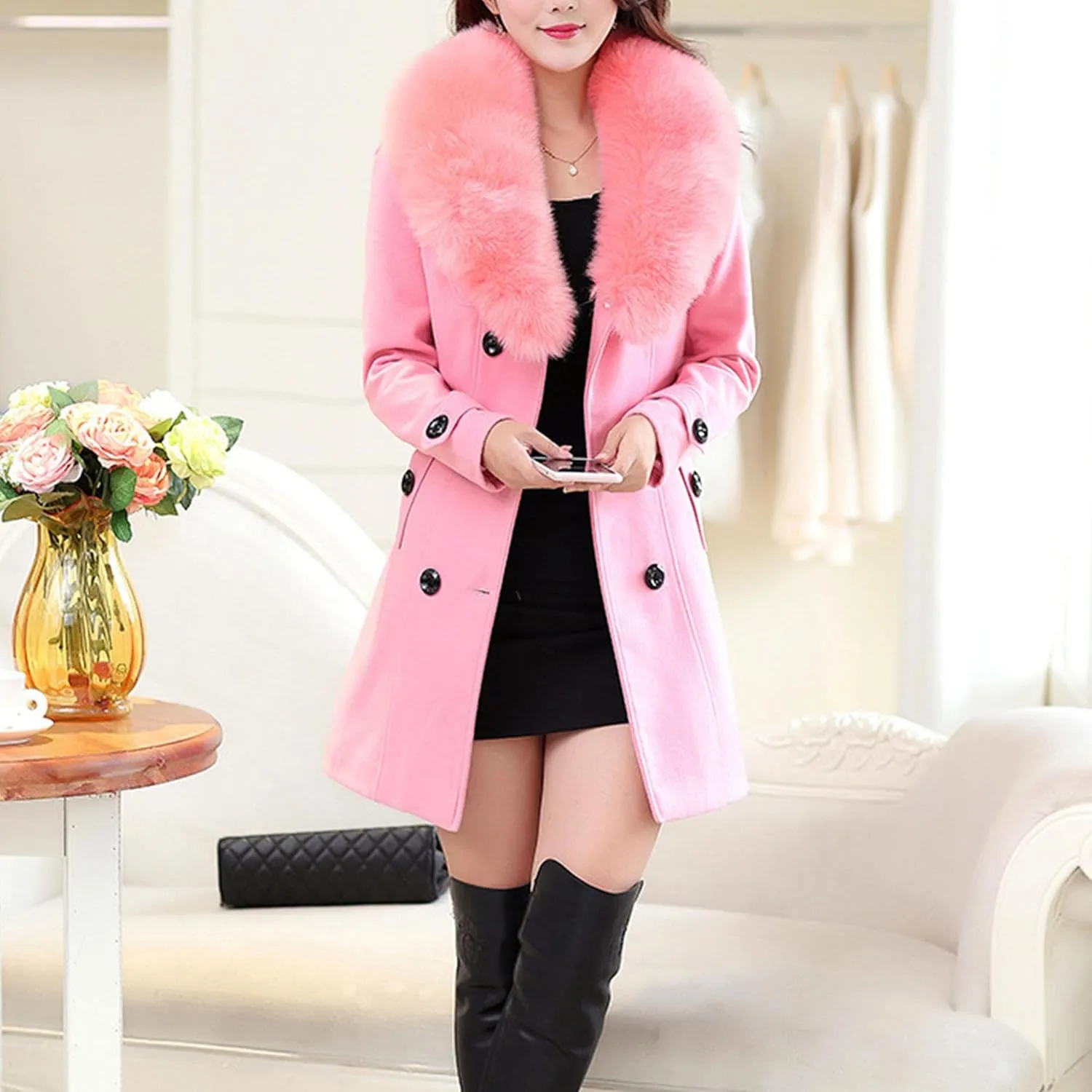 Maiyifu-GJ Women's Faux Fur Lapel Double Breasted Wool Trench Coat Winter Warm Mid-length Coat Jacket Overcoat with Belt