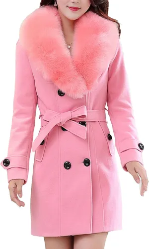 Maiyifu-GJ Women's Faux Fur Lapel Double Breasted Wool Trench Coat Winter Warm Mid-length Coat Jacket Overcoat with Belt