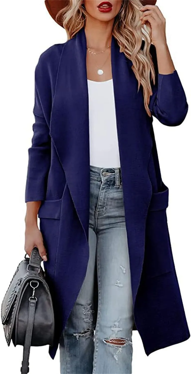 Maiyifu-GJ Women's Wool Blend Trench Coat Long Cardigan Jackets Long Sleeve Sweaters Casual Lapel Open Front Overcoat