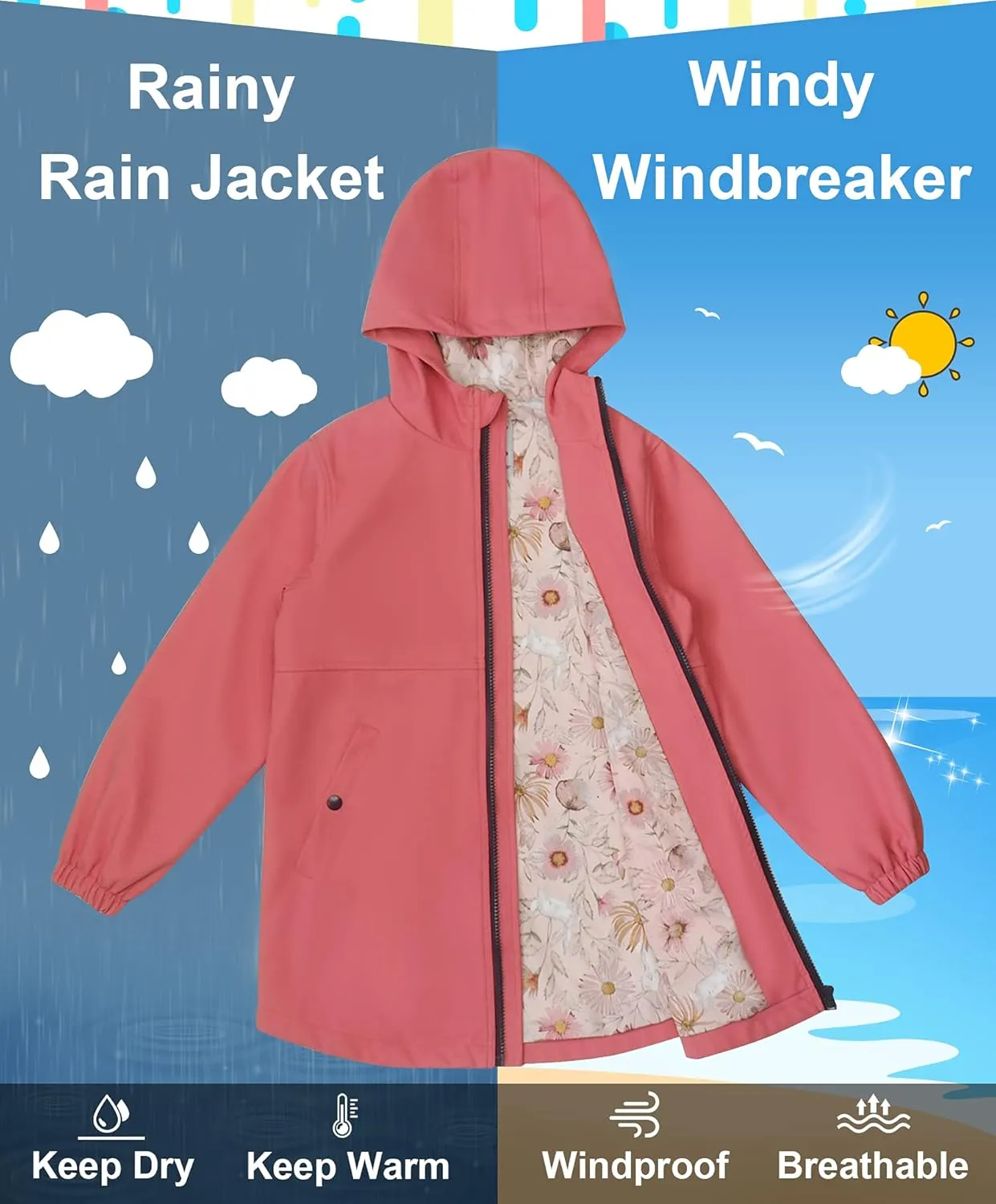 maoo garden Girls Rain Jackets Kids Waterproof Raincoat Lightweight Floral Lining Spring Windbreaker