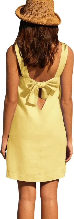 Melliflo Bow Cotton Linen Mini Dress Crew Neck Sleeveless Backless Tank Dress with Pockets Summer Cute Short Beach Sundress