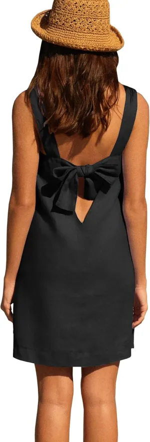 Melliflo Bow Cotton Linen Mini Dress Crew Neck Sleeveless Backless Tank Dress with Pockets Summer Cute Short Beach Sundress