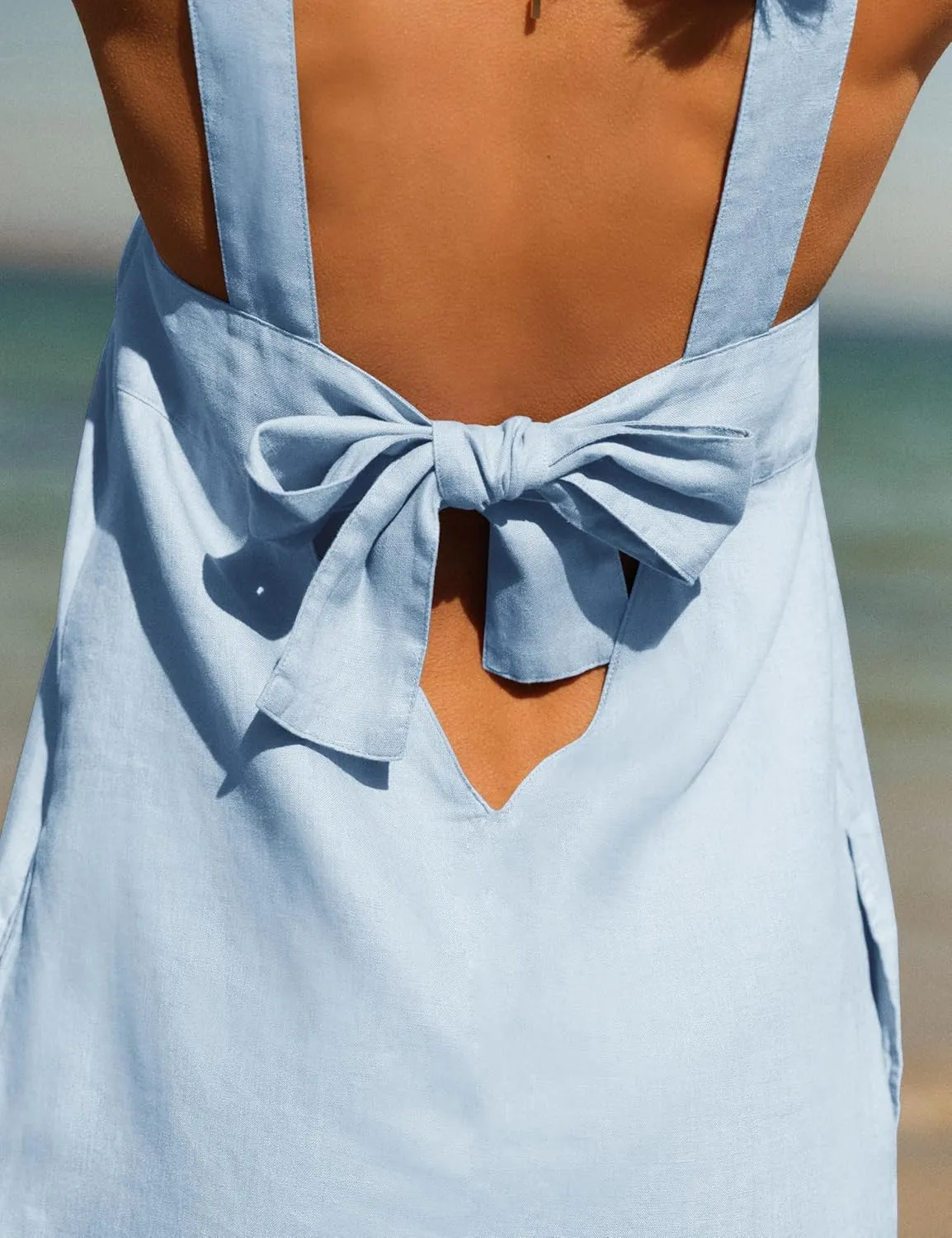 Melliflo Bow Cotton Linen Mini Dress Crew Neck Sleeveless Backless Tank Dress with Pockets Summer Cute Short Beach Sundress