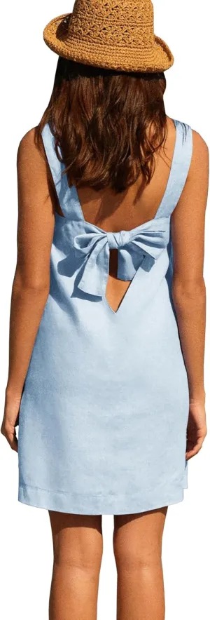 Melliflo Bow Cotton Linen Mini Dress Crew Neck Sleeveless Backless Tank Dress with Pockets Summer Cute Short Beach Sundress