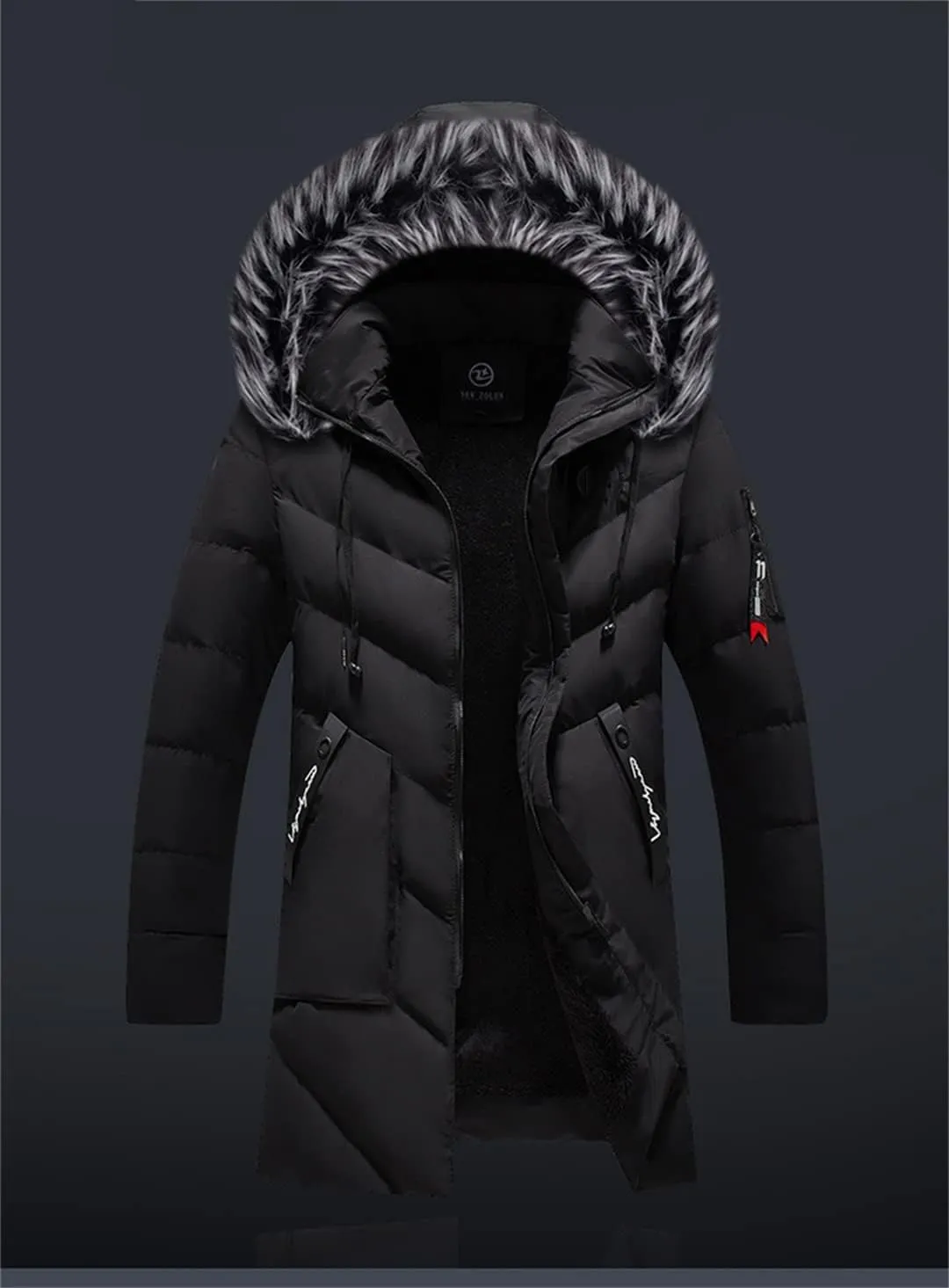 Men Long Hooded Parka Jacket Windproof Thicken Warm Snow Ski Coat Fur Collar Cotton Padded Jacket