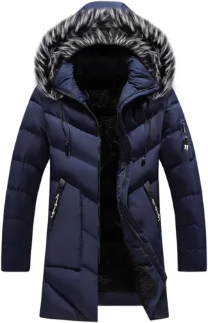 Men Long Hooded Parka Jacket Windproof Thicken Warm Snow Ski Coat Fur Collar Cotton Padded Jacket