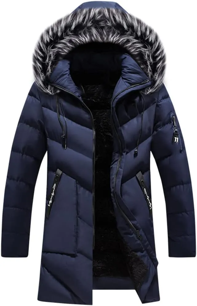 Men Long Hooded Parka Jacket Windproof Thicken Warm Snow Ski Coat Fur Collar Cotton Padded Jacket