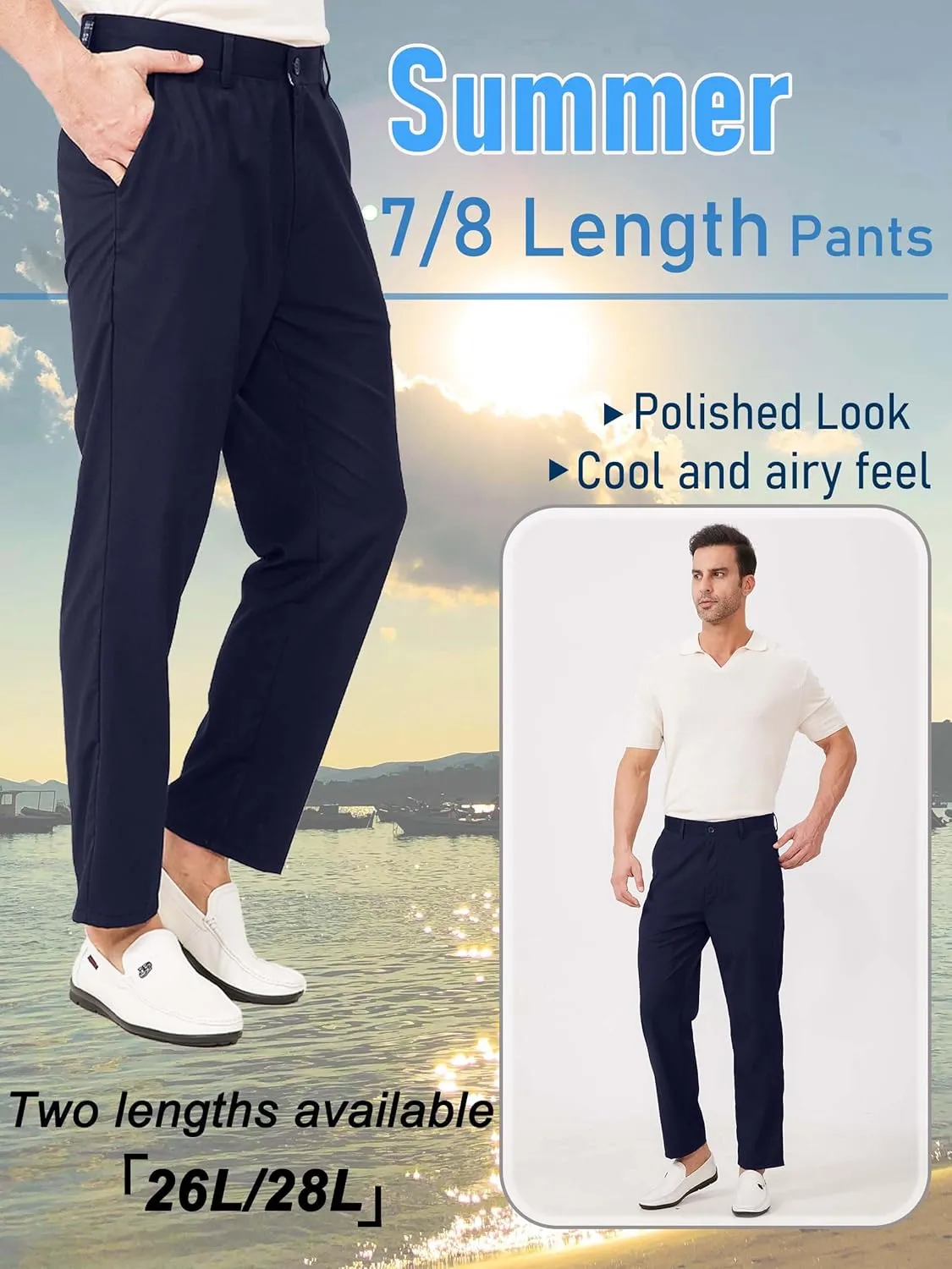 Mens 7/8 Business Casual Pants Lightweight Summer Dress Trousers Loose Taper Fit