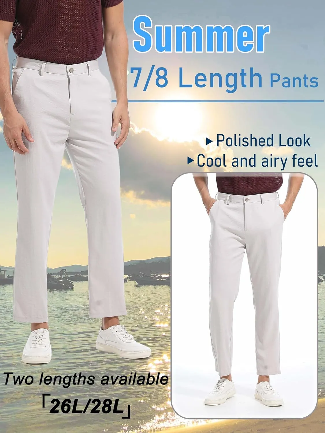 Mens 7/8 Business Casual Pants Lightweight Summer Dress Trousers Loose Taper Fit