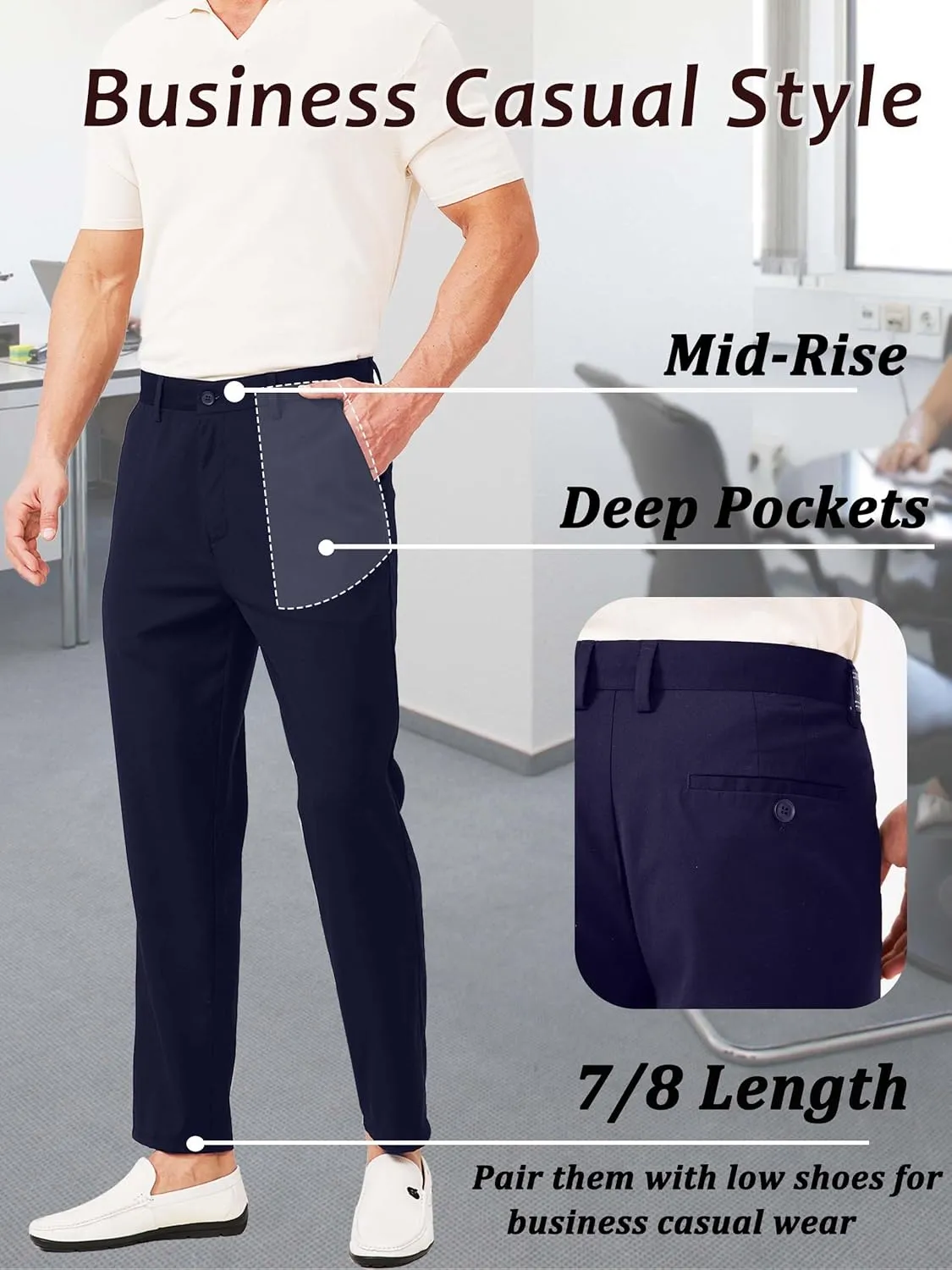 Mens 7/8 Business Casual Pants Lightweight Summer Dress Trousers Loose Taper Fit
