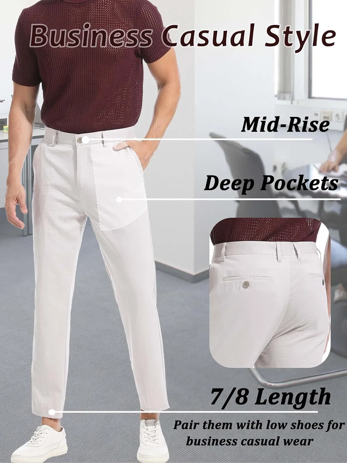 Mens 7/8 Business Casual Pants Lightweight Summer Dress Trousers Loose Taper Fit
