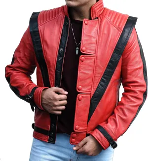 Mens Beat It 80s Disco Thriller Rockstar Vintage Red Bomber Genuine Leather Jacket Adult Costume Halloween Cosplay