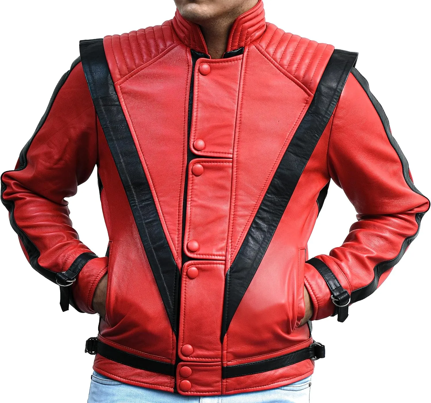 Mens Beat It 80s Disco Thriller Rockstar Vintage Red Bomber Genuine Leather Jacket Adult Costume Halloween Cosplay