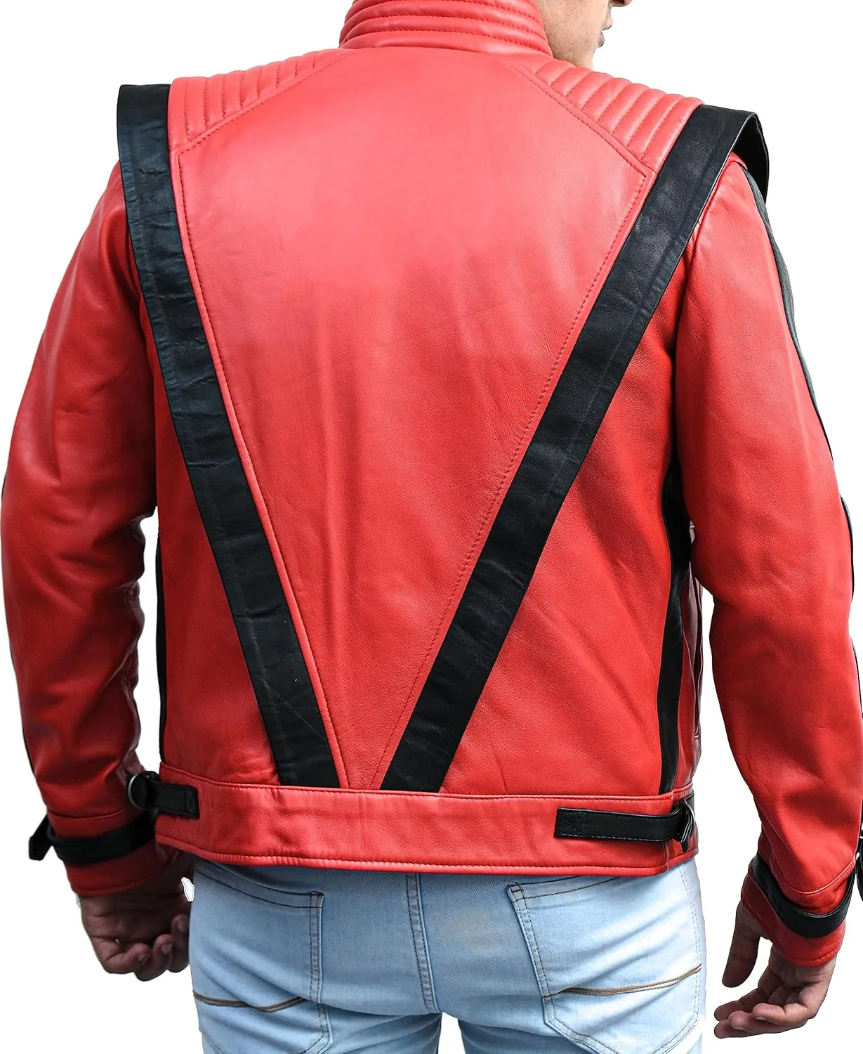 Mens Beat It 80s Disco Thriller Rockstar Vintage Red Bomber Genuine Leather Jacket Adult Costume Halloween Cosplay