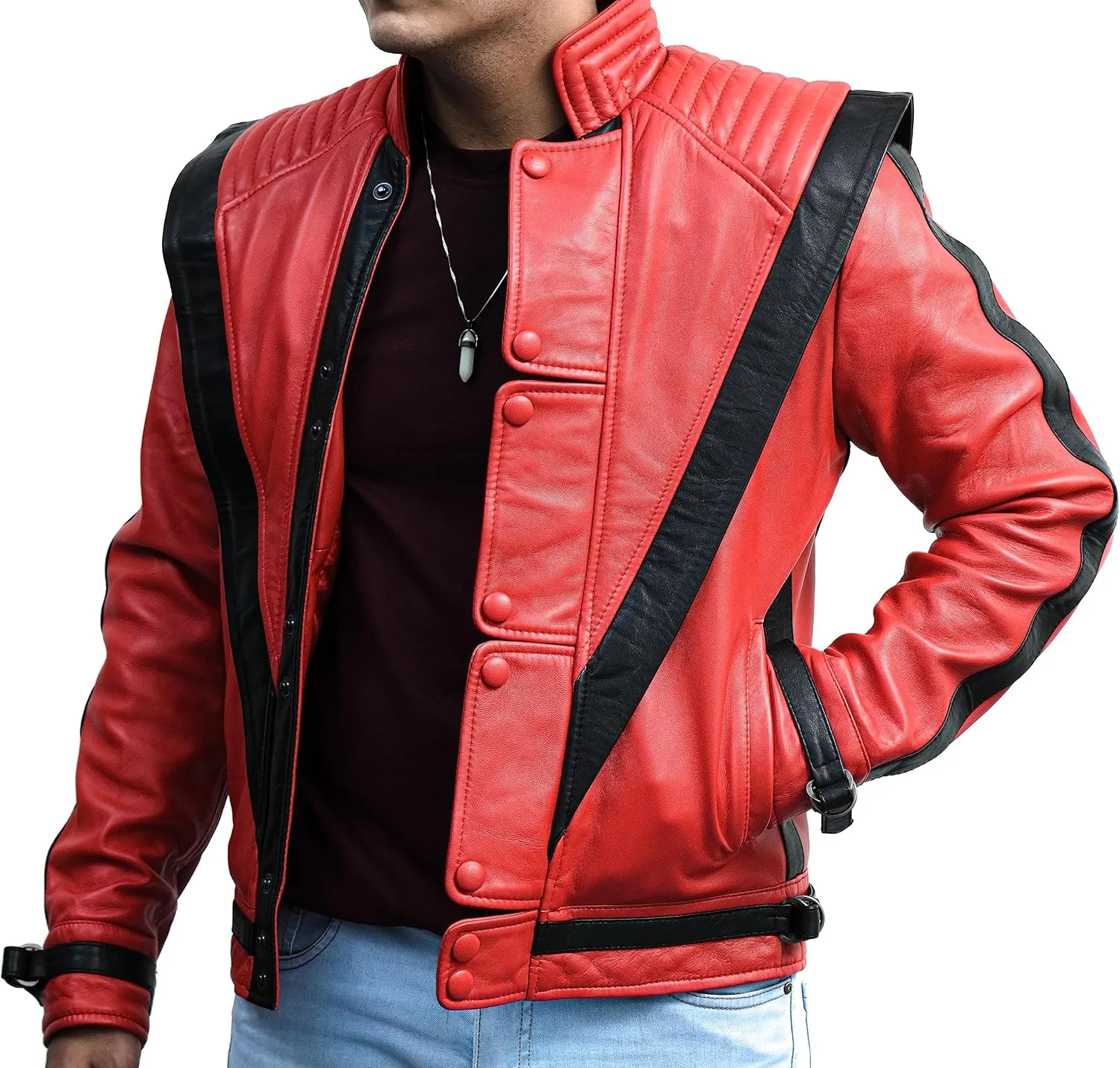 Mens Beat It 80s Disco Thriller Rockstar Vintage Red Bomber Genuine Leather Jacket Adult Costume Halloween Cosplay