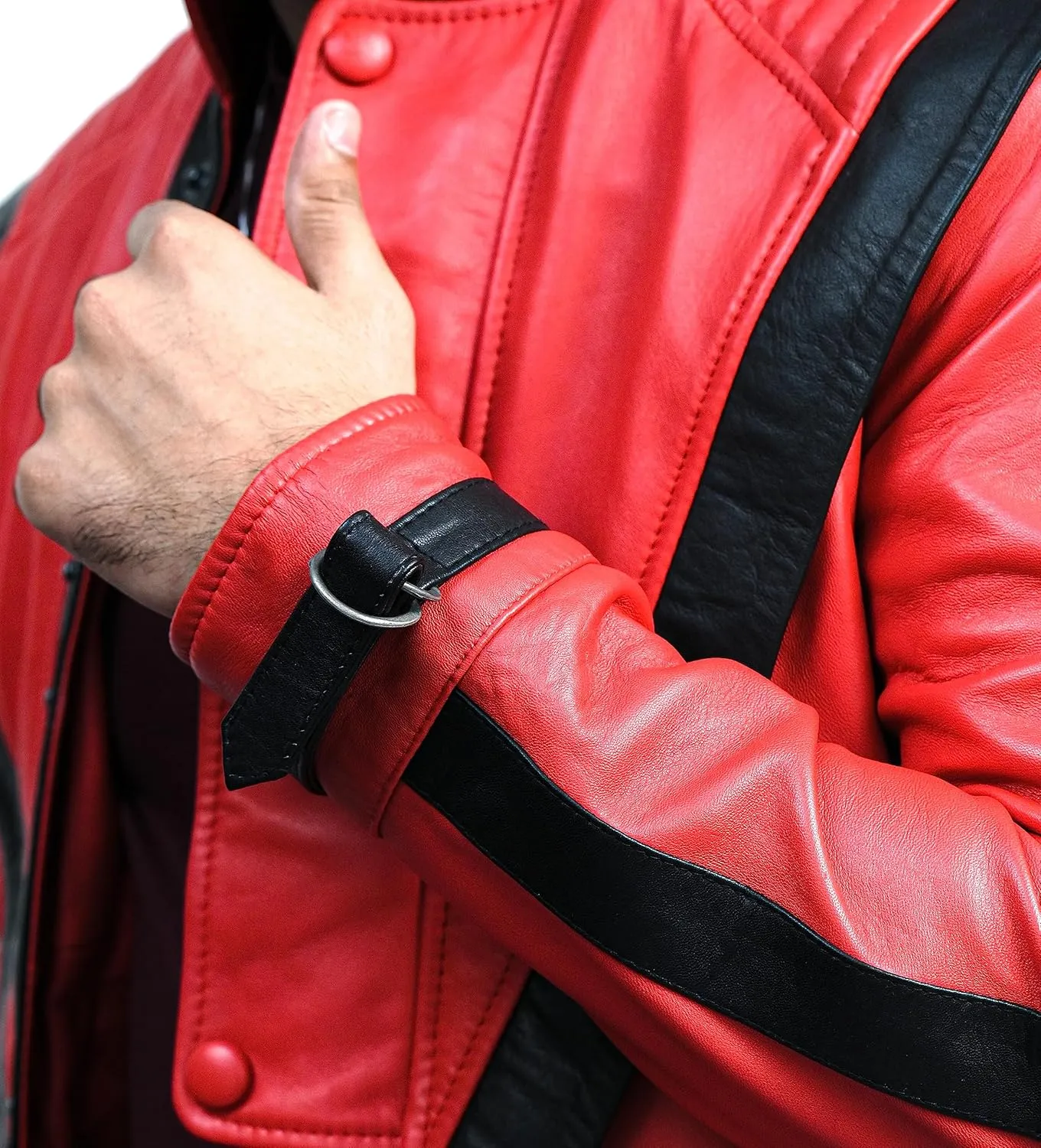Mens Beat It 80s Disco Thriller Rockstar Vintage Red Bomber Genuine Leather Jacket Adult Costume Halloween Cosplay