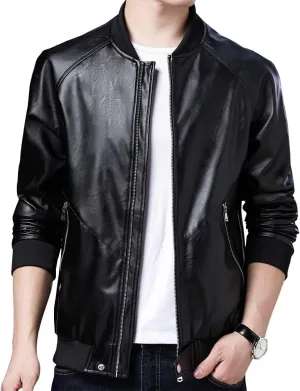 Mens Casual Slim Fit Faux Leather Jacket Fall Winter Leather Bomber Jackets