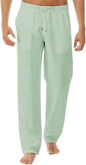 Men's Cotton Linen Drawstring Pants Elastic Waist Casual Long Pants Lightweight Loose Fit for Yoga Jogging Beachwear