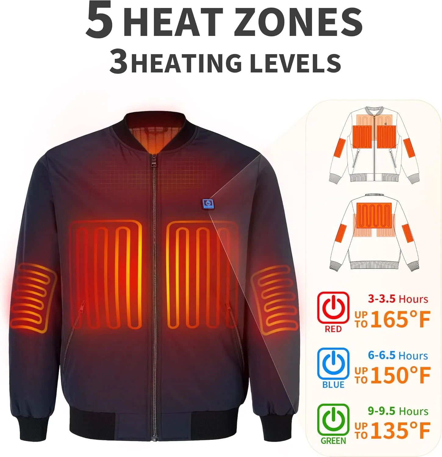 Mens Heated Jacket with 12V Battery, Windproof Bomber Jackets Winter Warm Casual Heating Coat with 5 Heating Areas