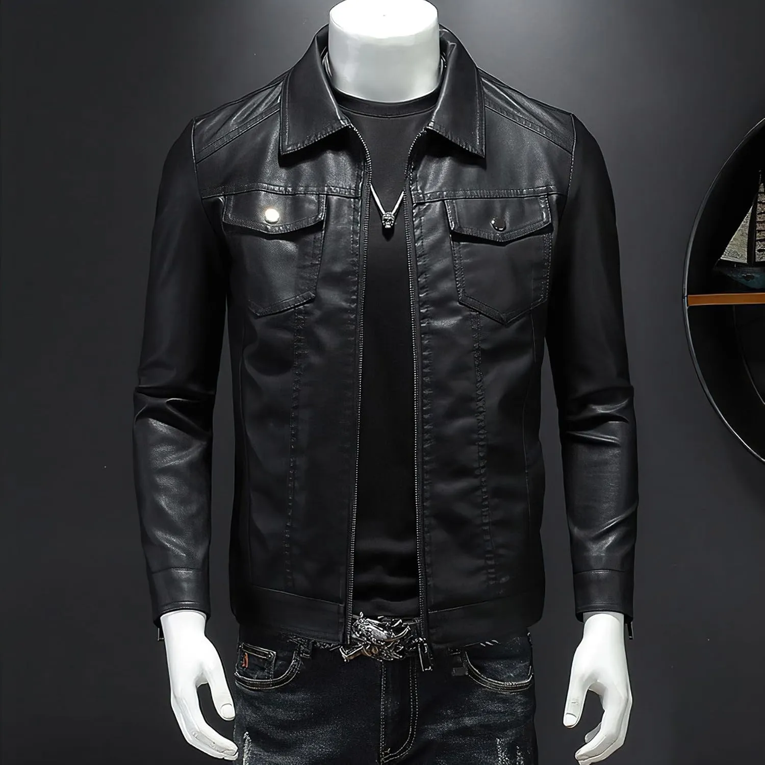 Mens Leather Jacket Motorcycle Black Biker Jackets Vintage Faux Leather Outwear Casual Lightweight