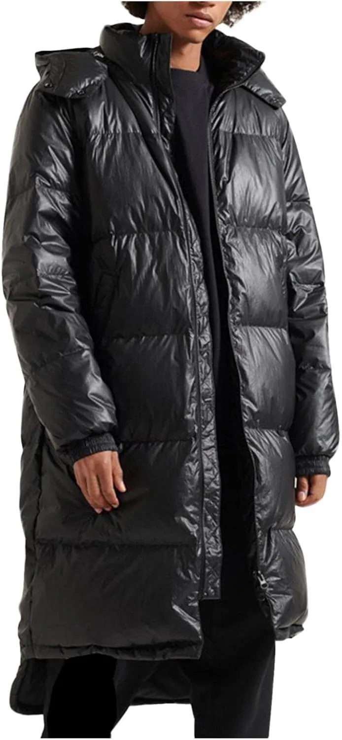 Mens Long Down Jackets Hooded Long Sleeve Bubble Puffer Jacket Winter Warm Windproof Full Zip Cotton Padded Coat