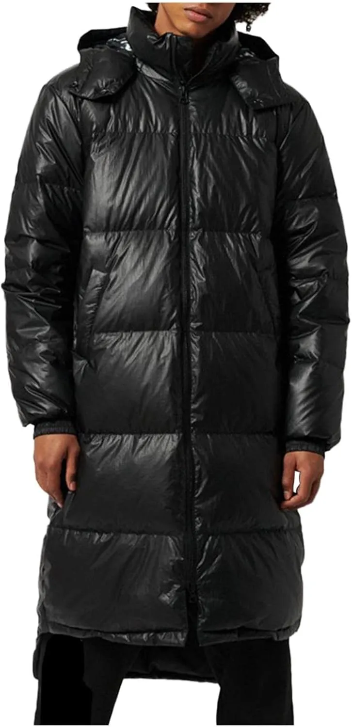 Mens Long Down Jackets Hooded Long Sleeve Bubble Puffer Jacket Winter Warm Windproof Full Zip Cotton Padded Coat