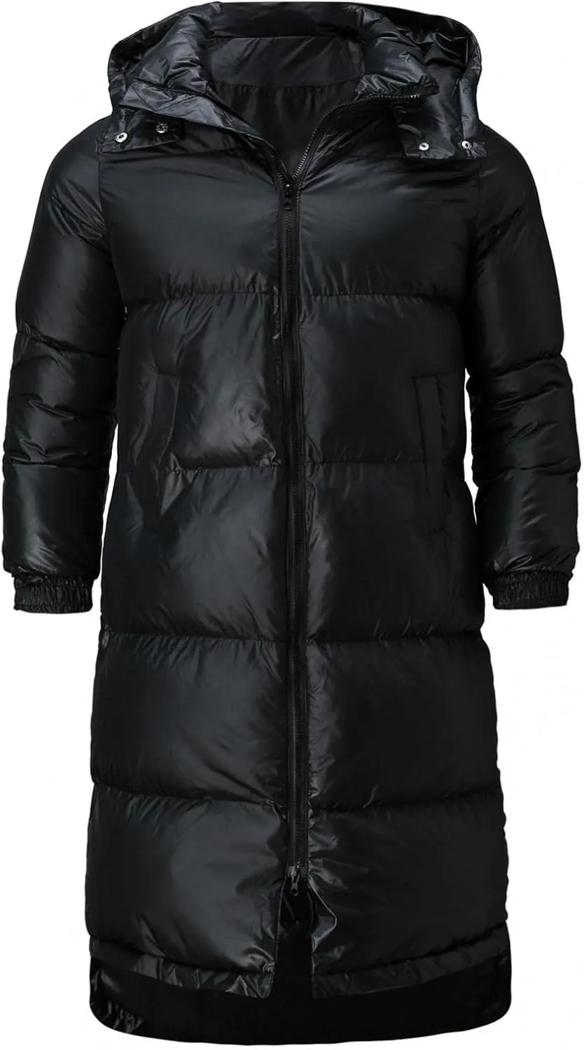 Mens Long Down Jackets Hooded Long Sleeve Bubble Puffer Jacket Winter Warm Windproof Full Zip Cotton Padded Coat