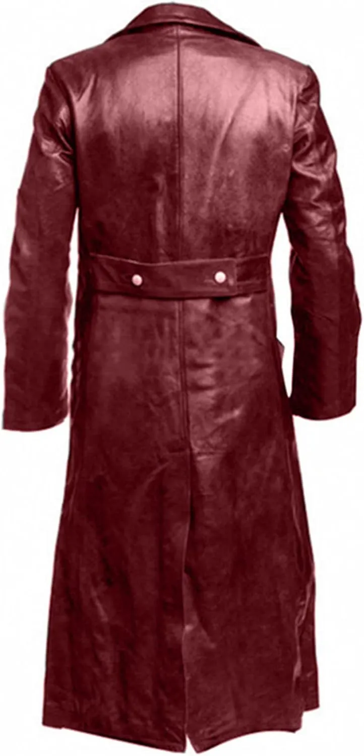 Mens Retro Leather Vintage Long Coat Trench Steampunk Gothic Jacket Overcoat Fashion Leather Gothic
