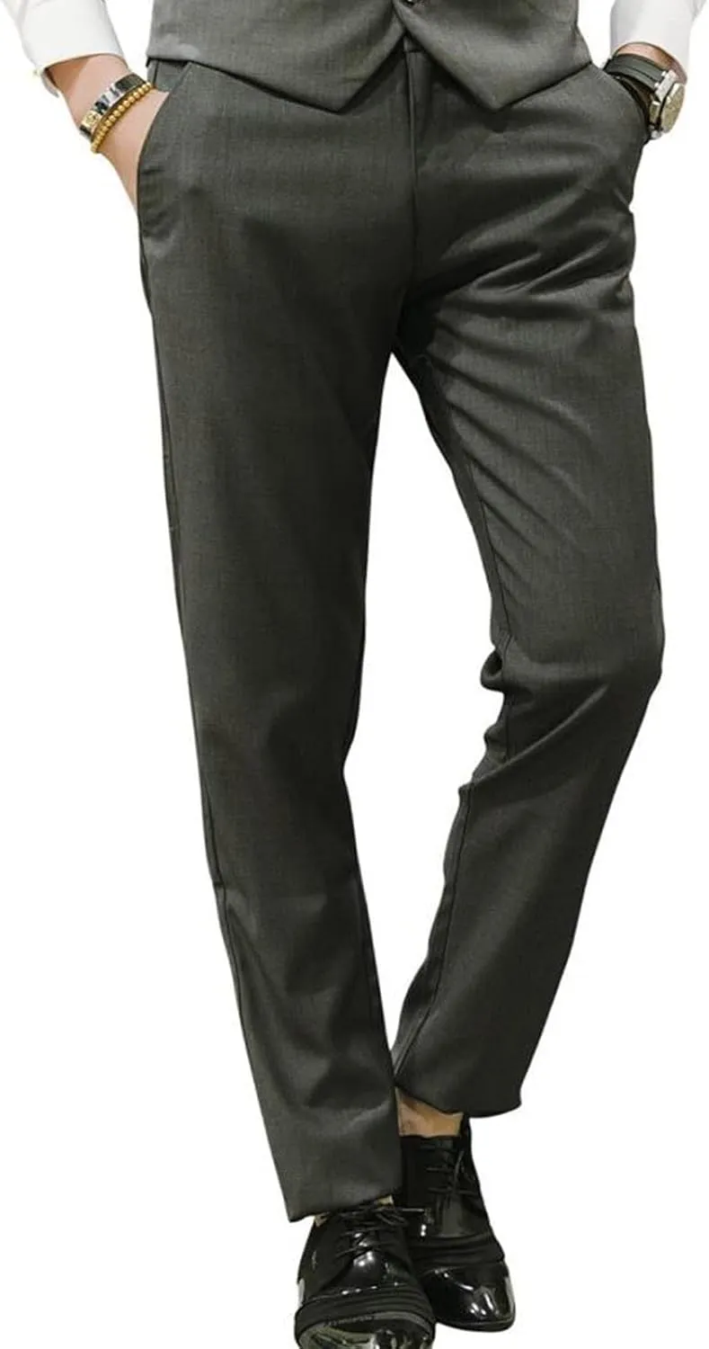 Mens Slim Fit Suit Pants Front Flat Stretch Dress Pants Ankle Length Colored Trousers