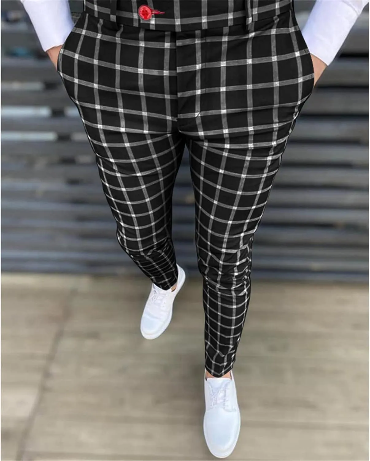 Men's Stripe Printed Dress Pants Plaid Flat Front Tapered Chino Pants Checked Stretch Skinny Wedding Trousers