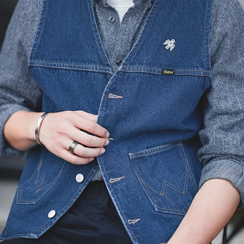 Men's Vintage Washed Denim Vest With Pocket