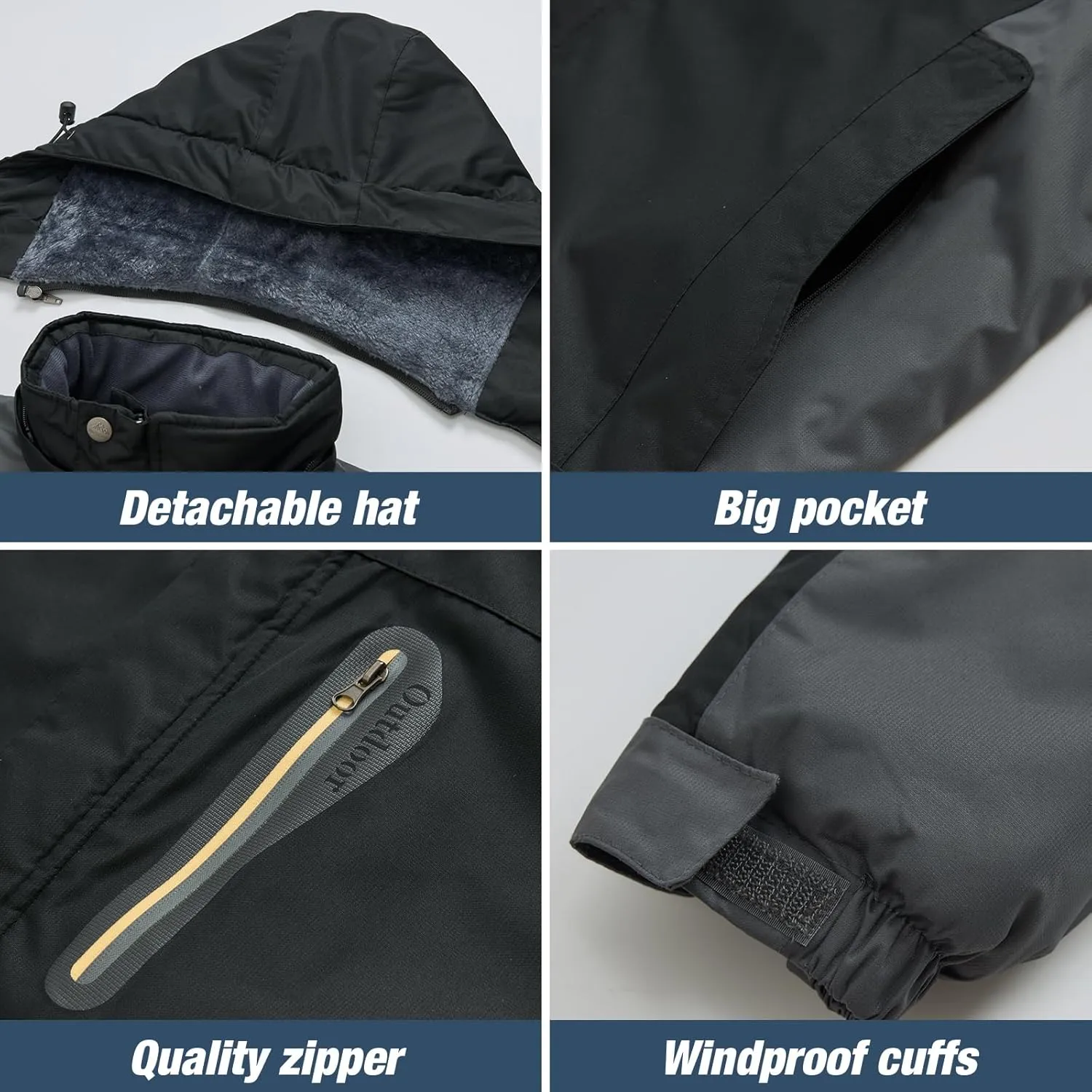 Men's Winter Ski Jacket Warm Waterproof Fleece Liner Snow Coat Hooded Windproof Mountain Raincoat