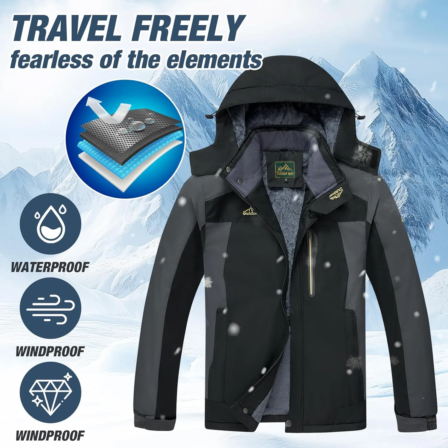 Men's Winter Ski Jacket Warm Waterproof Fleece Liner Snow Coat Hooded Windproof Mountain Raincoat