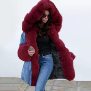 Midnight Blue Hooded Long-length Faux Fur Coats