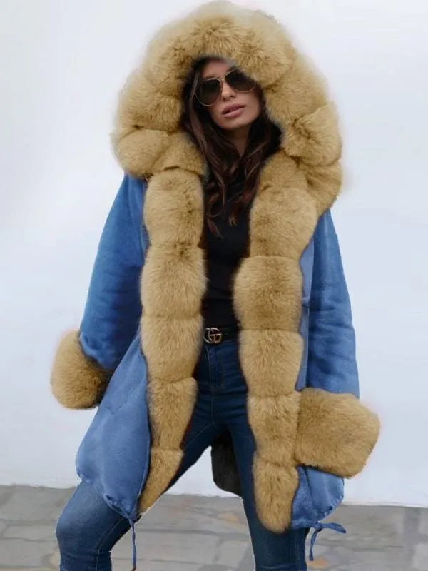 Midnight Blue Hooded Long-length Faux Fur Coats