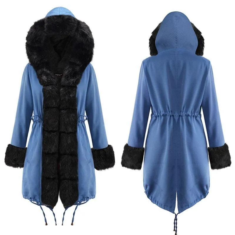 Midnight Blue Hooded Long-length Faux Fur Coats